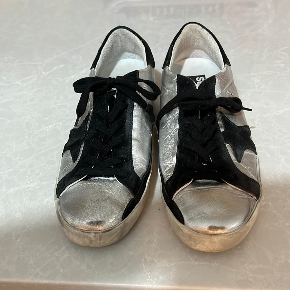 Golden Goose silver and black leather sneakers. Barely worn.